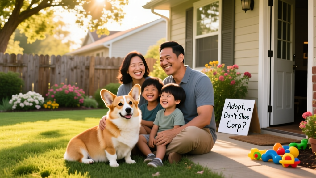 A friendly corgi sitting beside a loving family in their backyard