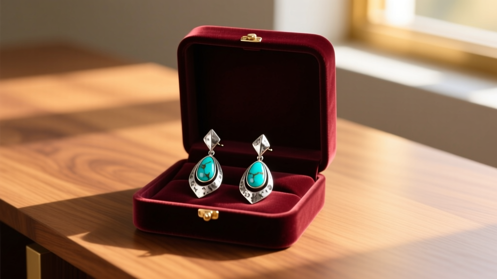 Open velvet box on oak desk revealing sculptural oxidized silver and turquoise drop earrings bathed in warm sunlight