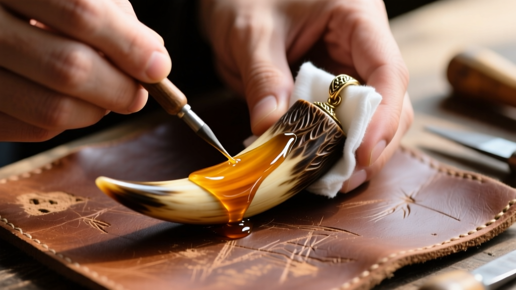 Hands applying a thin layer of microcrystalline wax to a mounted wild boar tusk pendant using a soft cotton cloth on a leather workbench