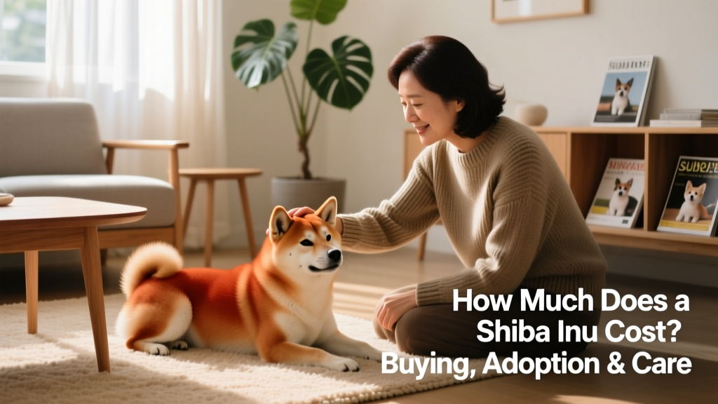 Person gently petting a calm Shiba Inu at home