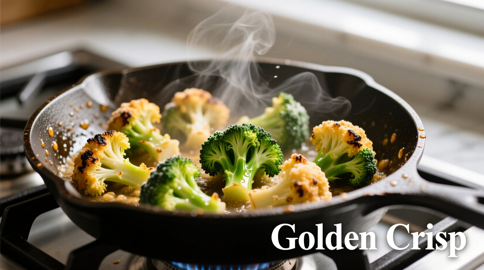 Crisp golden frozen broccoli cooking in skillet