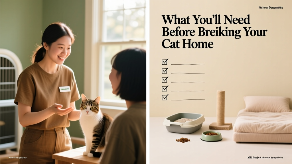Side-by-side photos: one showing a shelter volunteer explaining adoption steps, another showing a checklist titled 'What You'll Need Before Bringing Your Cat Home'
