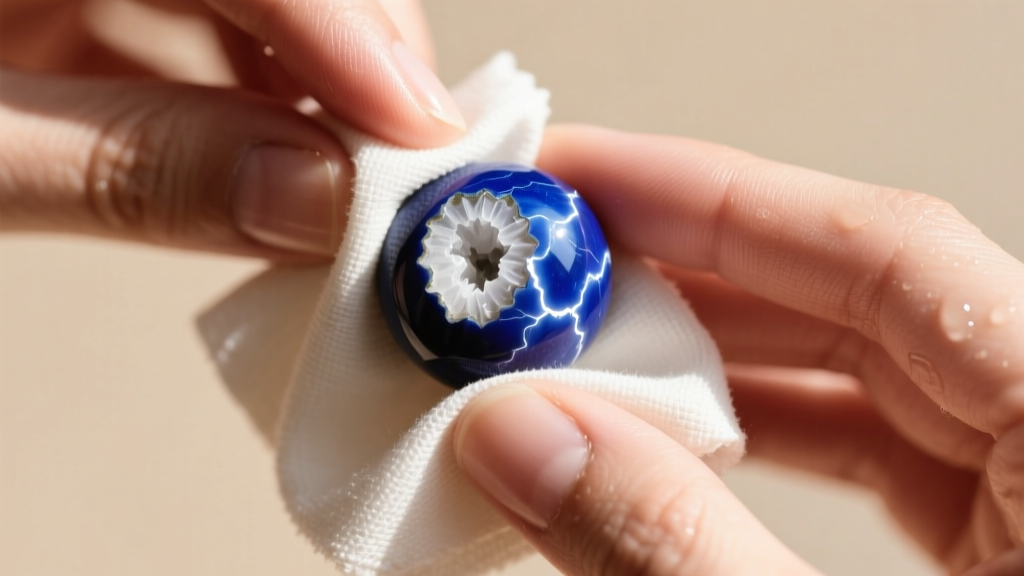 Close-up of hands using a damp microfiber cloth to gently wipe a spherical lapis lazuli bead with white calcite matrix inclusion