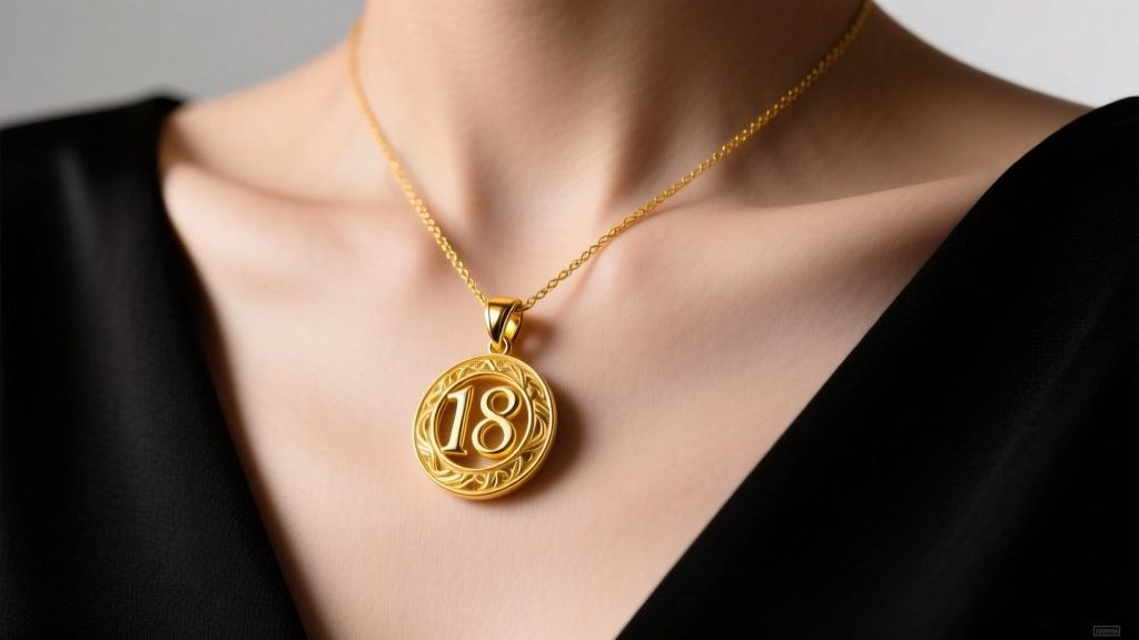 Macro shot of 18k yellow gold pendants on a black dress collarbone, soft studio light highlighting the polished metal surface.