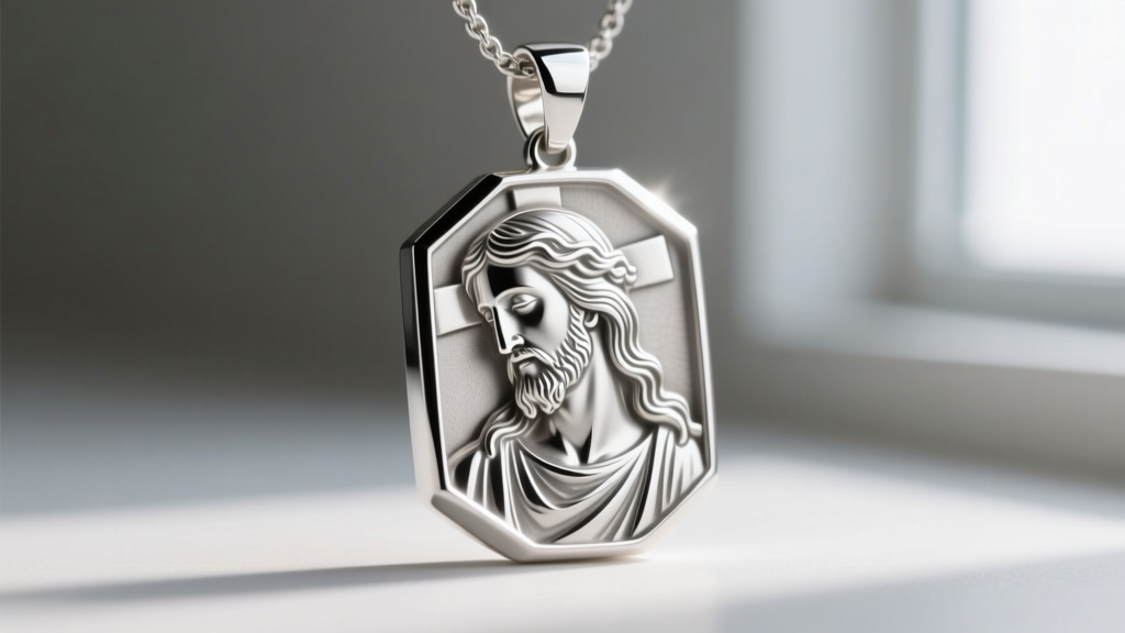 Side profile of a die-struck sterling silver Christus pendant highlighting sharp relief details and polished beveled edges.