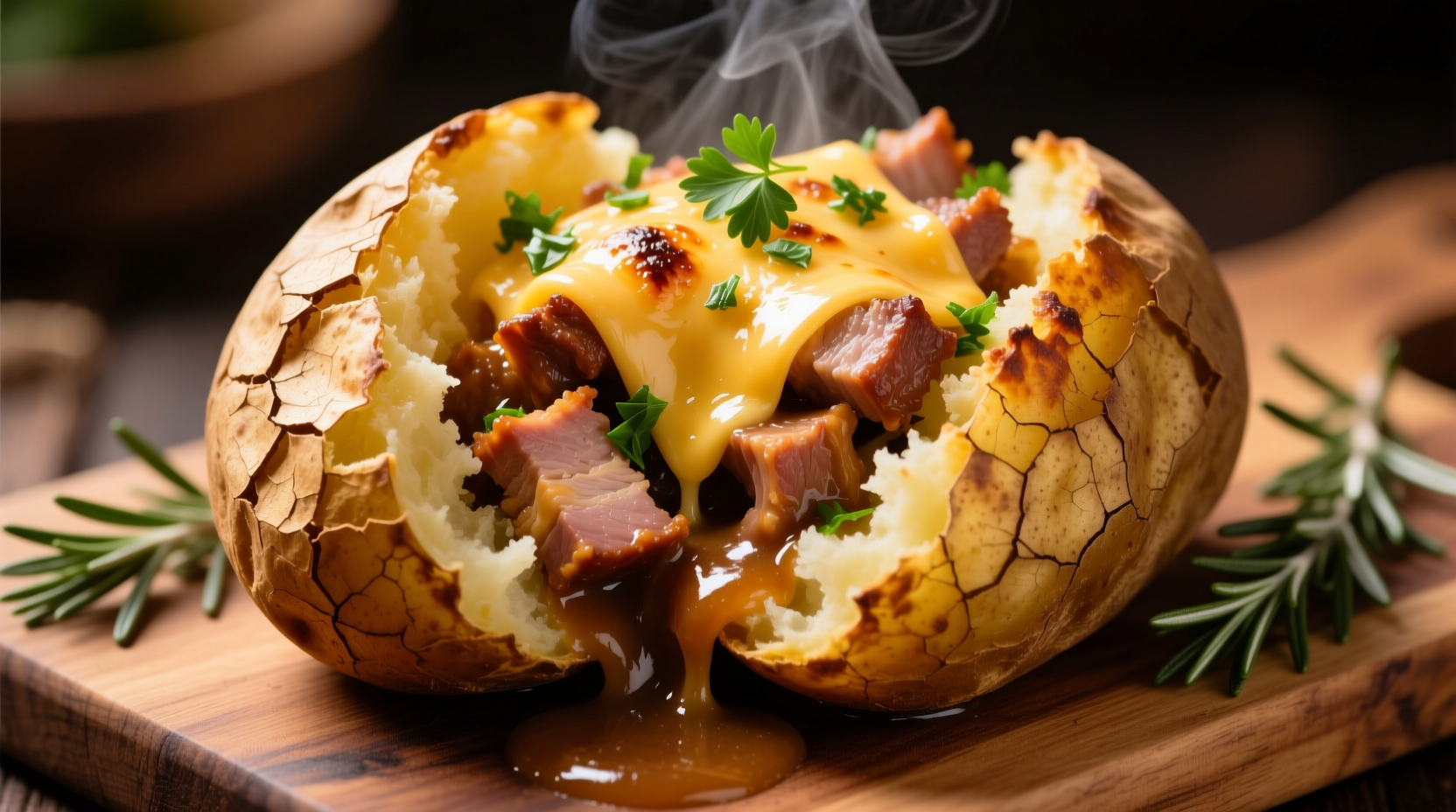 Pulled pork baked potato with melted cheese and fresh herbs