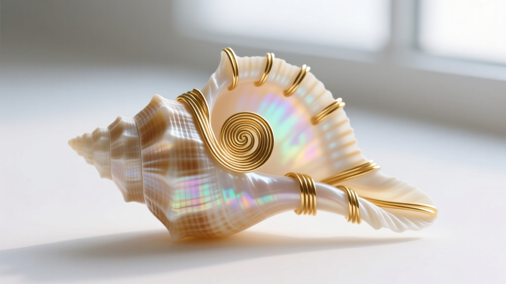 Macro view of a translucent jingle shell wire-wrapped with 22-gauge gold metal, avoiding drilling into the fragile natural edge.