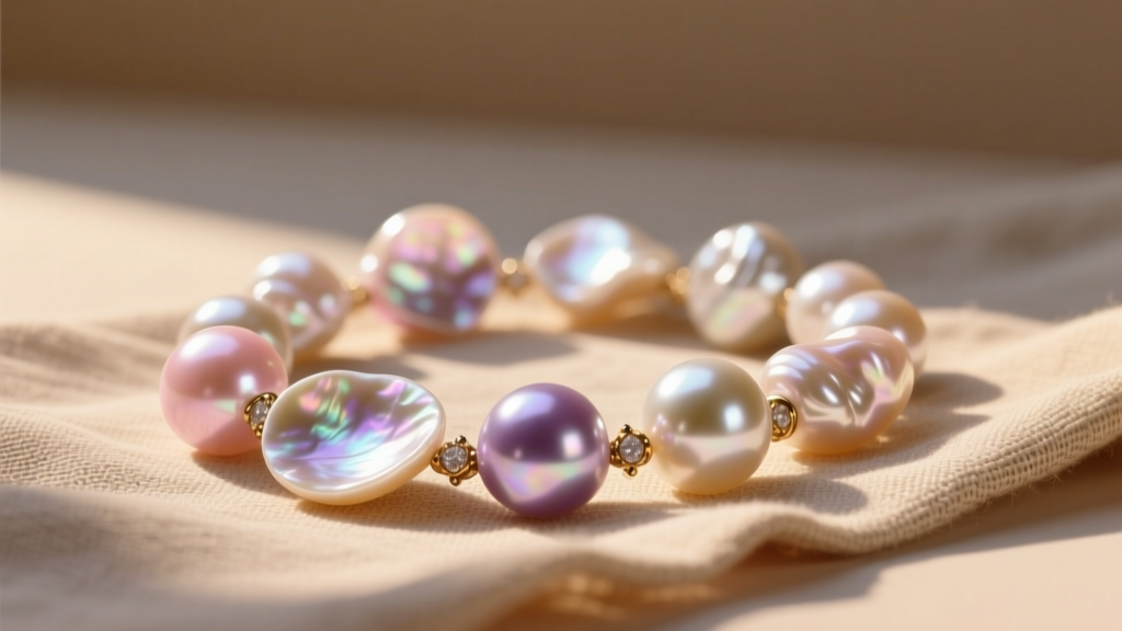 Baroque and keshi freshwater pearls on raw linen, showcasing irregular shapes and iridescent nacre under warm natural sunlight.