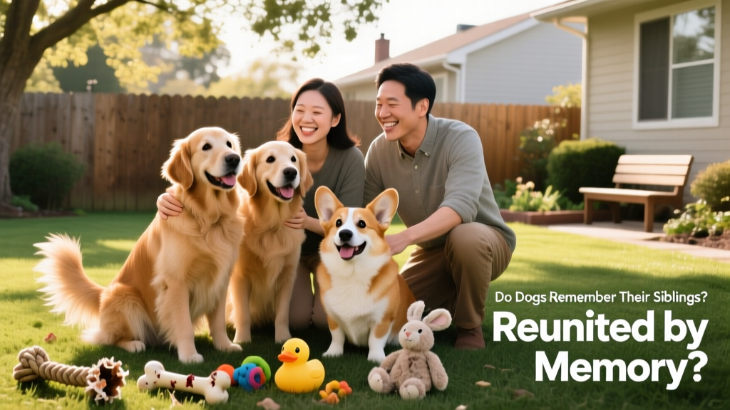 A joyful group photo of three dogs and their human families smiling together in a backyard, with toys scattered nearby