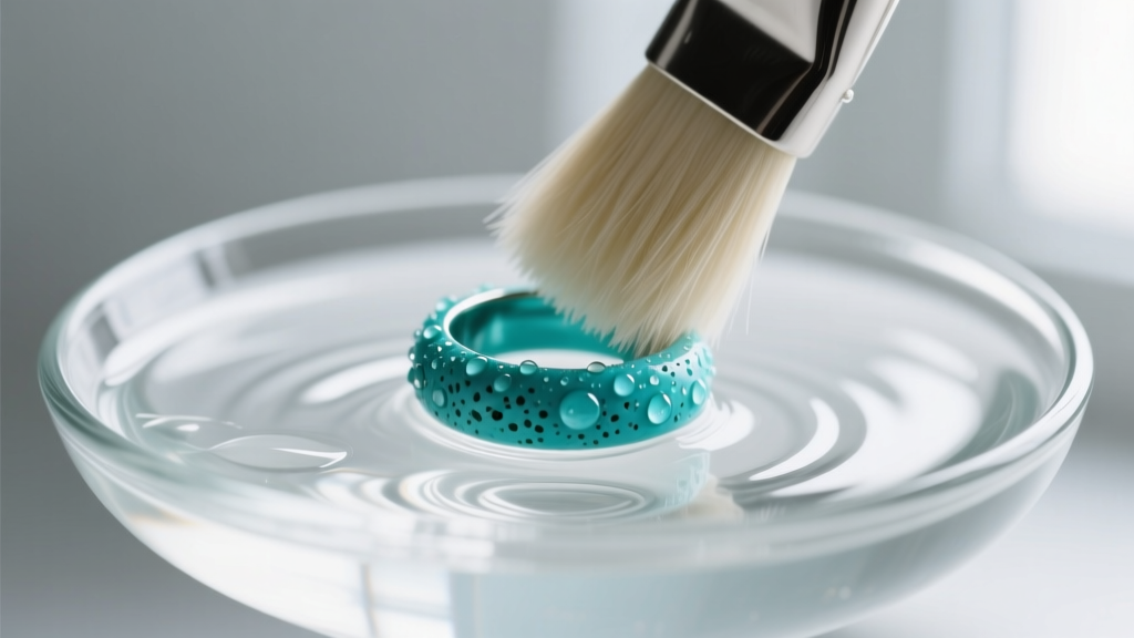 Soft bristle brush cleaning a porous turquoise vintage cocktail ring in a shallow glass dish filled with lukewarm distilled water