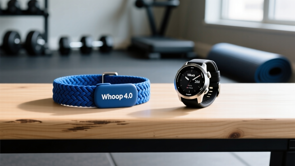 Side-by-side comparison of a woven Whoop 4.0 strap and a Garmin Forerunner 265 GPS watch resting on a wooden gym bench
