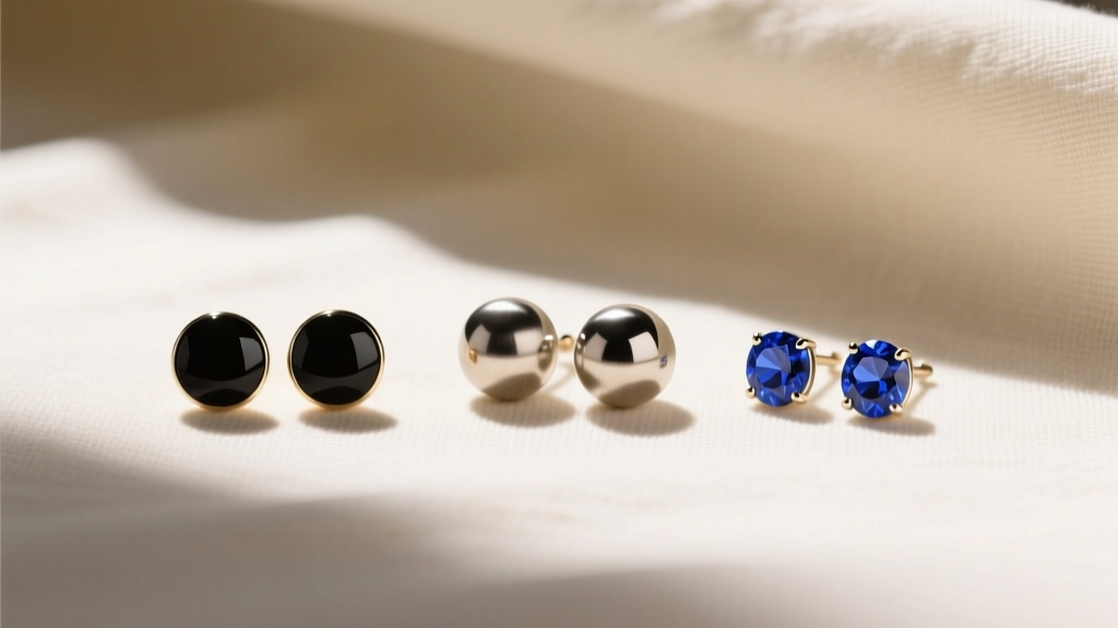 Flat lay of three passport-friendly earring pairs: matte onyx studs, brushed titanium balls, and small lapis lazuli gemstones