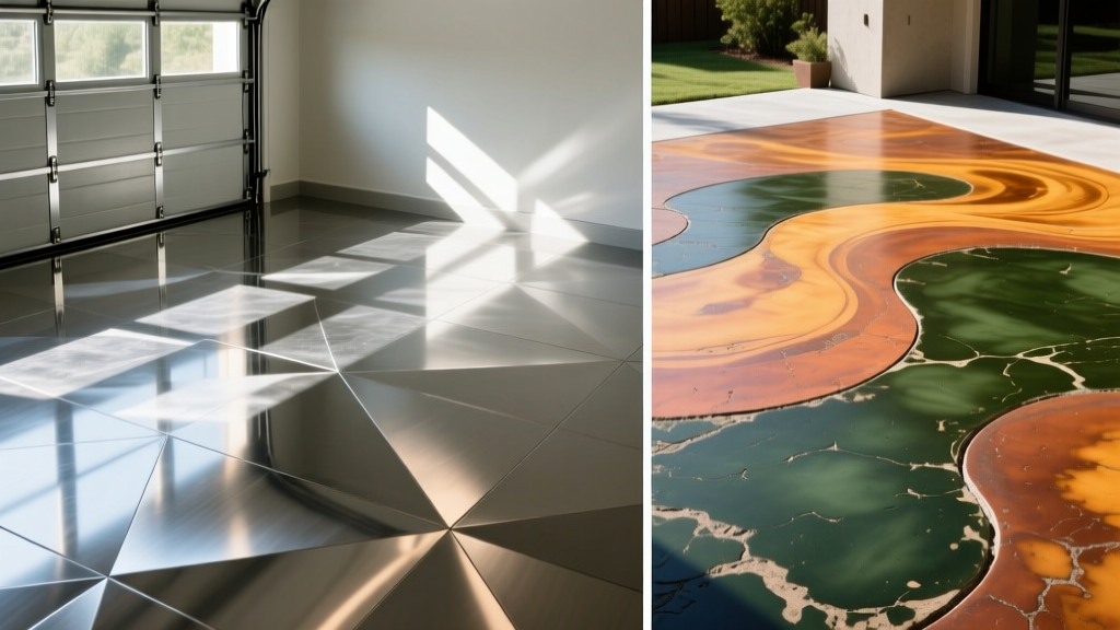 Split-view showing a high-gloss metallic epoxy garage floor on the left and a warm mottled acid-stained concrete patio on the right