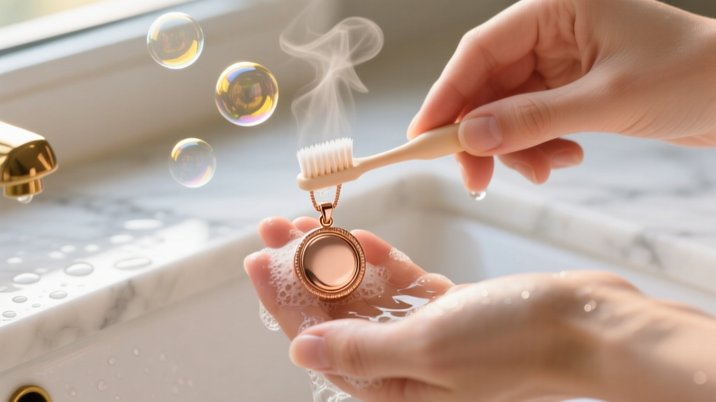 Hands washing a brushed rose gold pendant in soapy water using an extra-soft baby toothbrush under warm, natural lighting