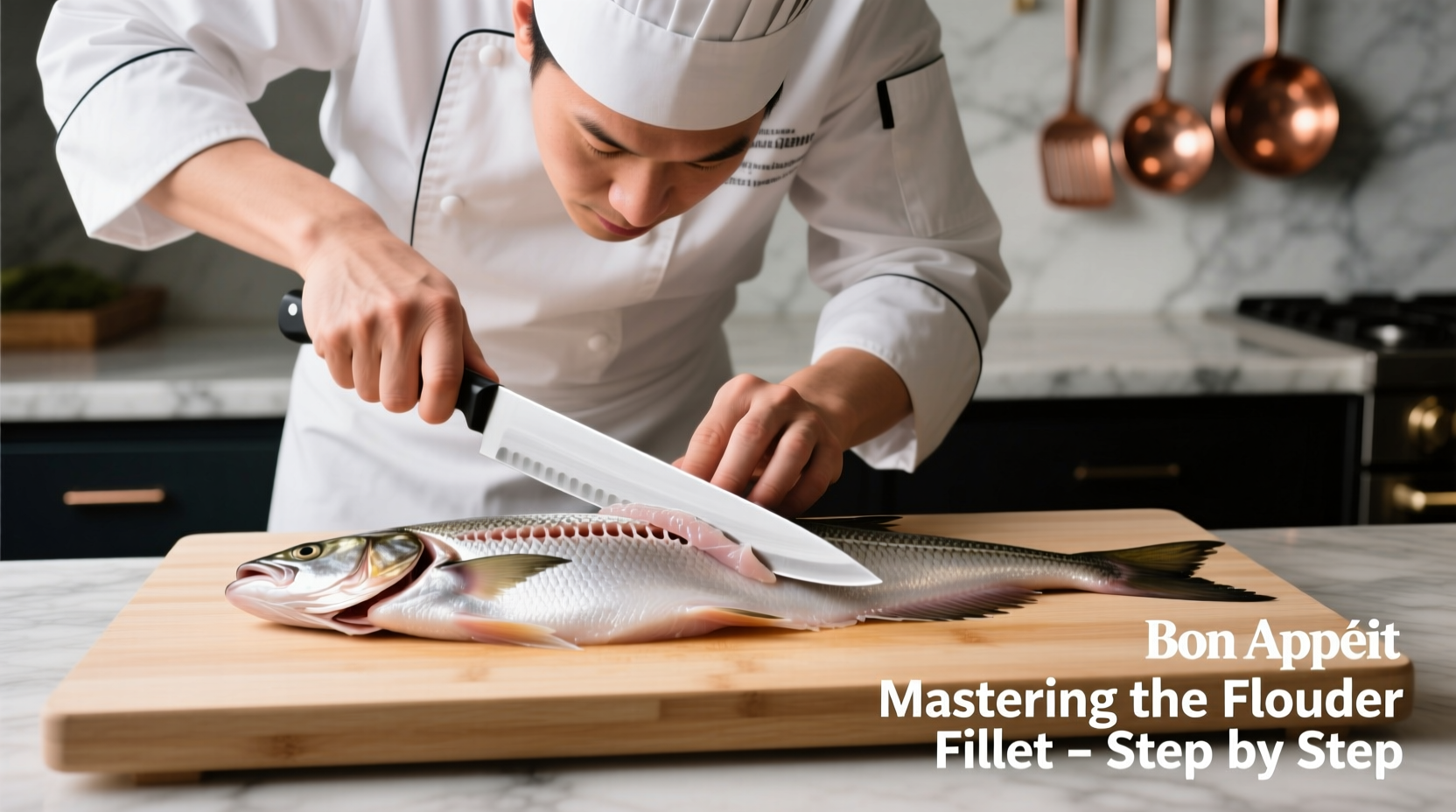 Chef demonstrating proper flounder filleting technique