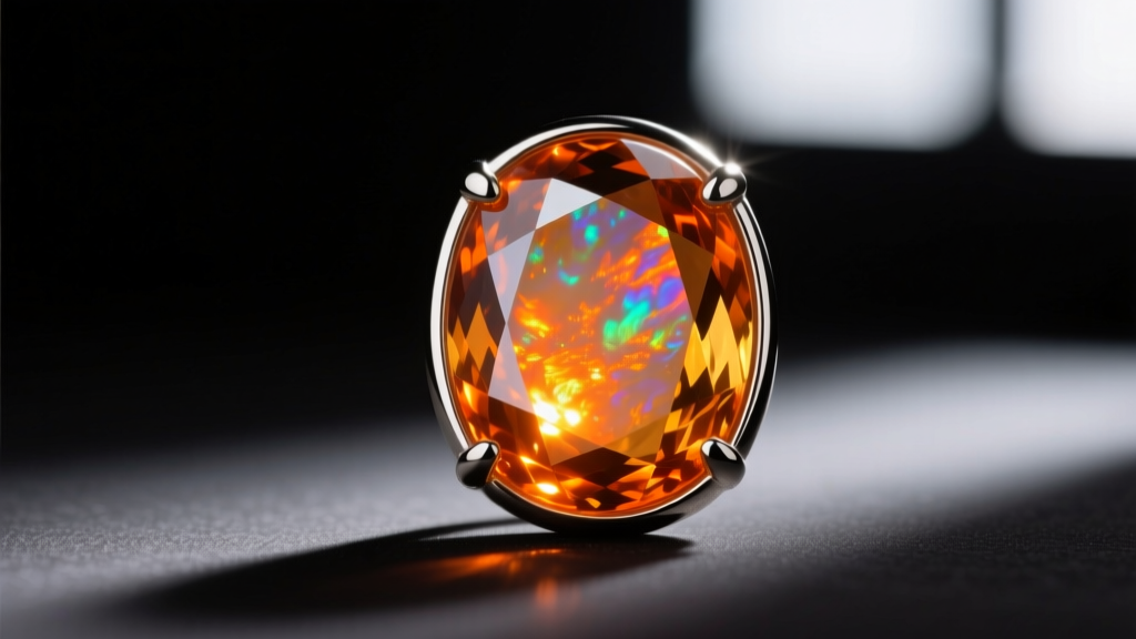 Macro shot of an Ethiopian hydrophane opal cabochon in a bezel setting, showing fiery orange flashes against a dark background