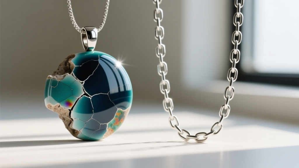 Macro view of chipped epoxy resin on a zinc pendant next to flawless vitreous enamel on a sterling silver chain link