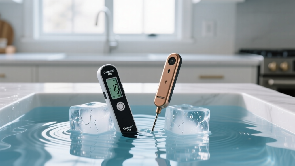 Thermapen ONE and wireless MEATER Plus probe submerged in an ice-water bath, testing IP67 waterproofing and thermal shock resistance.