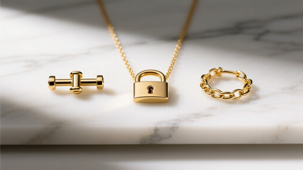 Flat lay of three 14kt gold necklace clasps including a t-bar toggle and box lock on a marble surface, soft directional lighting
