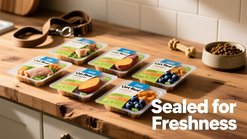 Pre-portioned Get Real meal packs arranged neatly on a countertop, showing clear labeling and freshness seals