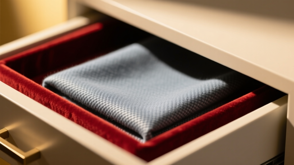 Close-up of anti-tarnish flannel fabric inside a jewelry drawer contrasting with standard velvet under warm directional lighting
