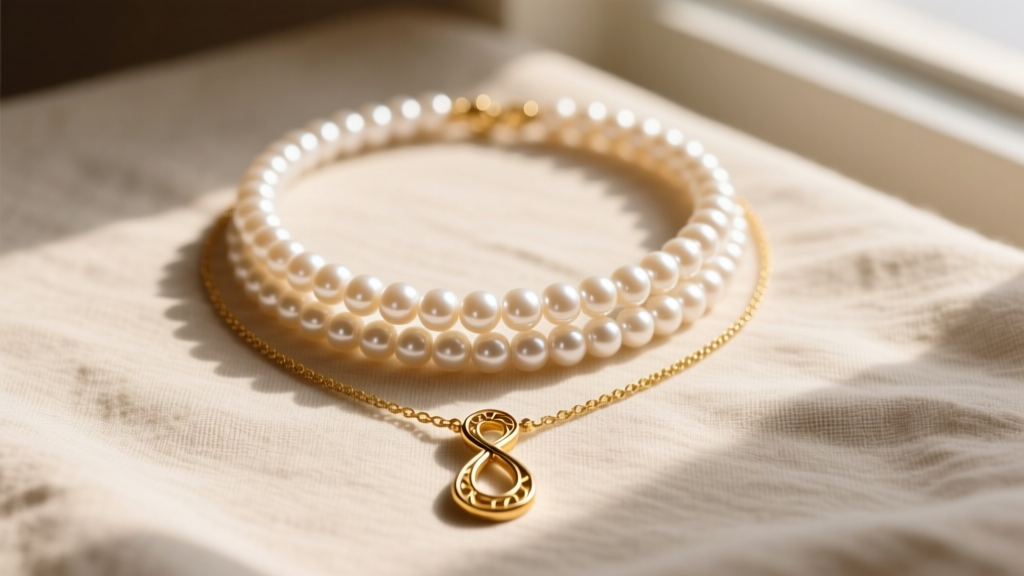 Layered necklace stack featuring a 16-inch pearl choker and an 18-inch gold wishbone pendant resting against a soft linen backdrop