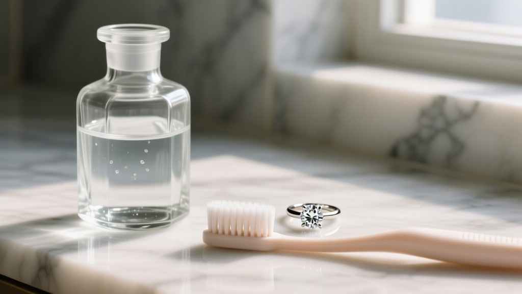 Close-up of a glass apothecary jar with distilled water and pH-neutral soap, next to a soft baby toothbrush and a diamond ring on marble.