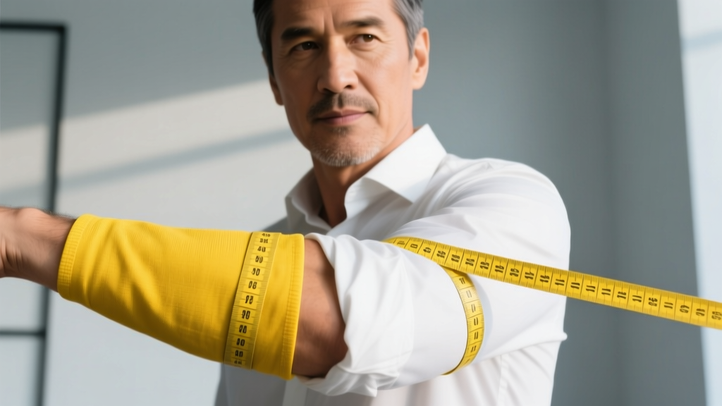 Close-up of a yellow fabric measuring tape wrapped around a man's neck to determine necklace sizing, soft natural window light.