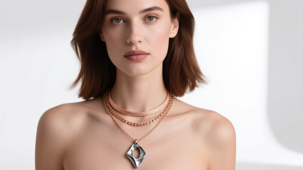 Woman wearing a layered necklace stack featuring a delicate 16-inch rose gold toggle chain and a 20-inch oxidized silver pendant.