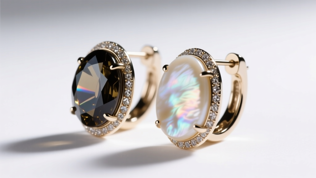 Side profile of luxury earrings comparing smoky quartz inlay and opaque mother-of-pearl under bright directional studio lighting