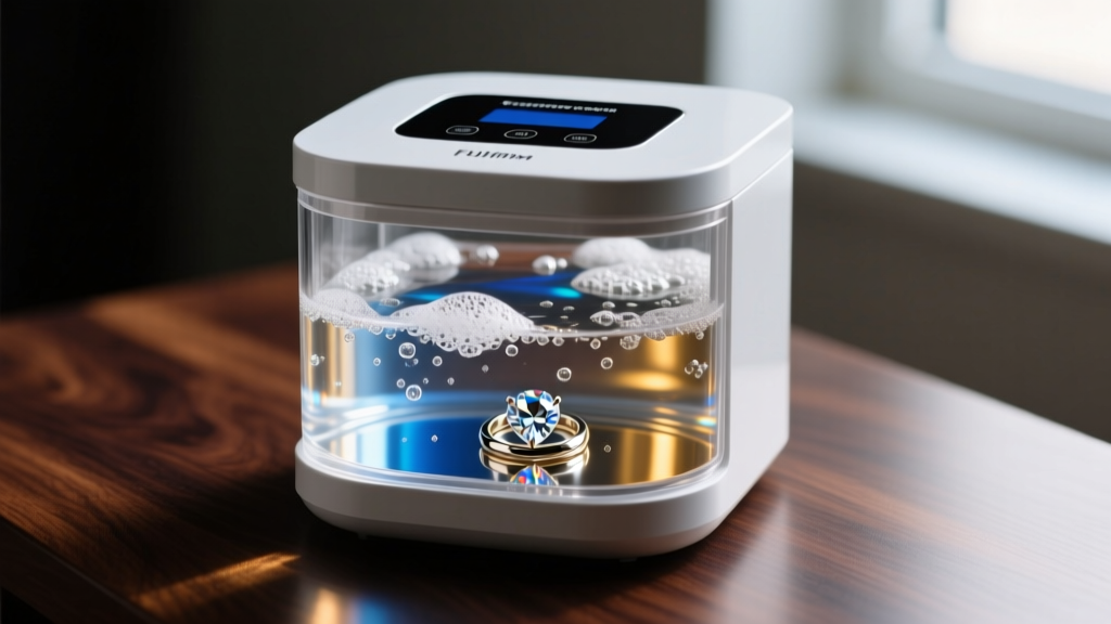 Ultrasonic jewelry cleaner tank with digital display, soapy water, and a submerged diamond ring resting on a dark wood surface.