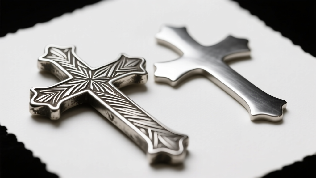 Macro view of a genuine hand-engraved Tuareg silver cross with deep tool marks beside a smooth cast-metal replica on a white mat.
