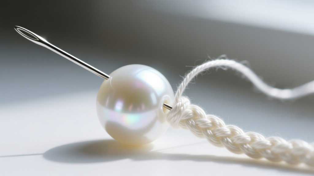 Macro view of a needle passing through a white pearl, revealing tight french knotting on a braided white silk stringing thread.