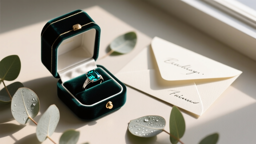 Top-down view of a velvet box holding a teal sapphire ring, a greeting card, and eucalyptus leaves in soft, warm morning sunlight.