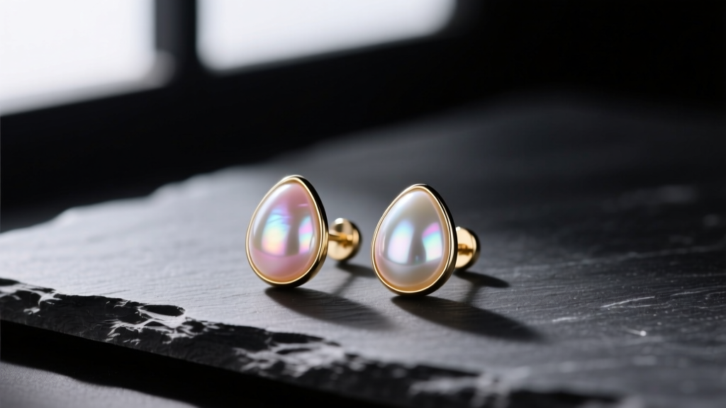 Close-up of 12mm shell pearl drop earrings on dark slate, lit by soft lighting to highlight the smooth iridescent surface.