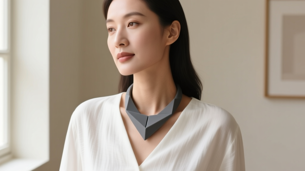 Stylish adult wearing a matte charcoal geometric silicone chew necklace over a white linen blouse in soft window light.