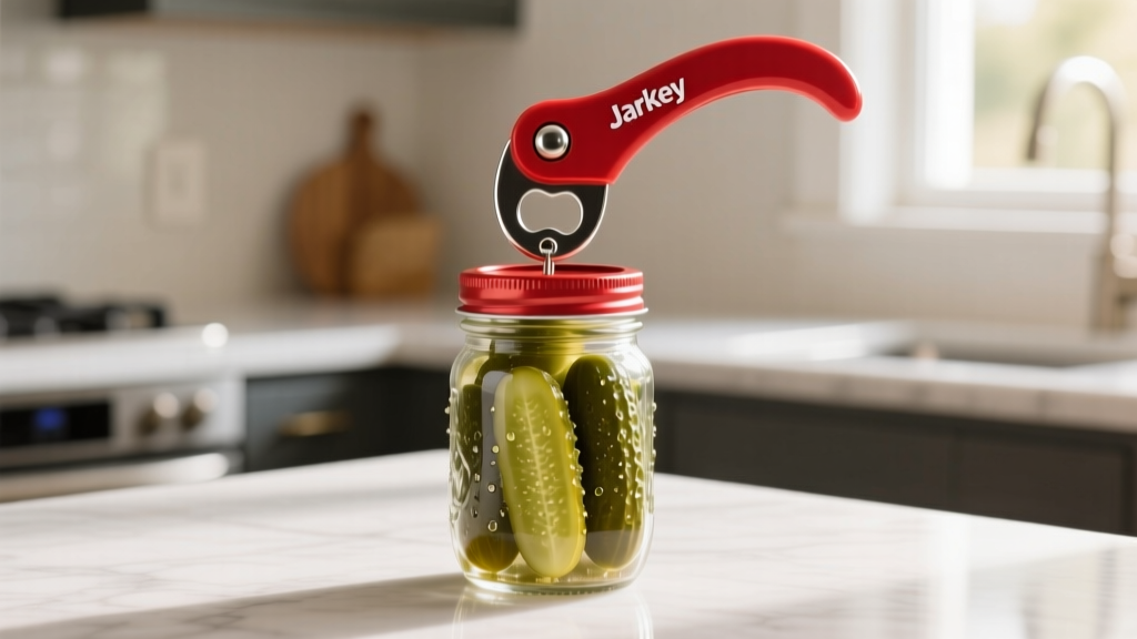 Close-up of a bright red JarKey bottle opener lifting the vacuum seal button on a glass jar of pickles in a modern kitchen.