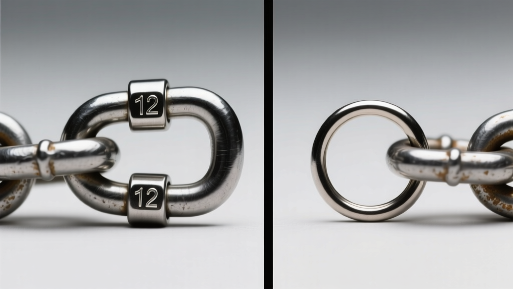 Macro comparison of a heavy-duty 12mm lobster clasp next to a flimsy 5mm spring ring clasp on a thick steel wheat chain