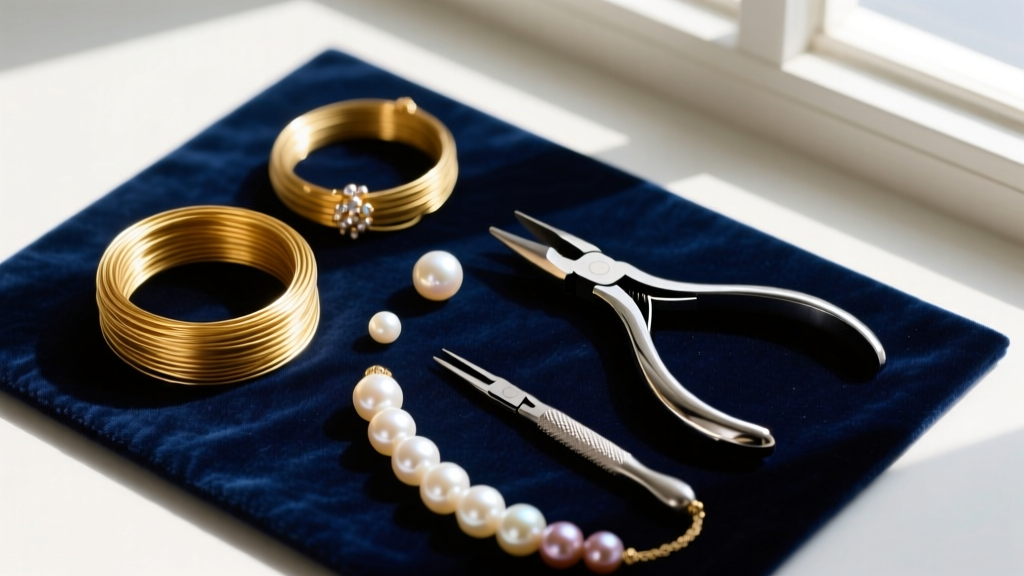 Overhead flat lay of jewelry making tools, 20-gauge gold wire, freshwater pearls, and round nose pliers on a dark velvet mat.