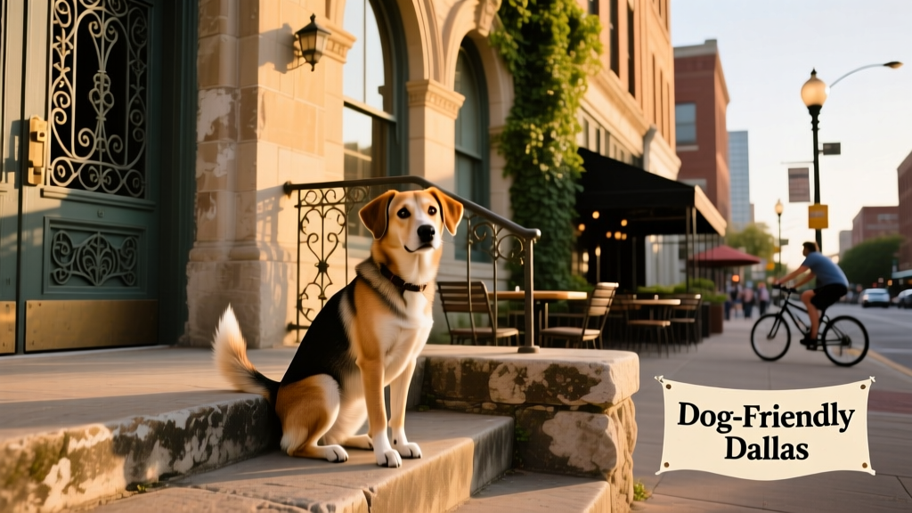 a dog sitting outside a historic building in downtown Dallas