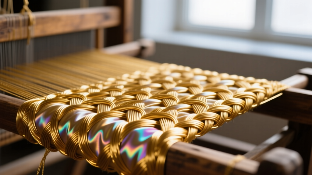 Extreme macro photography of traditional Kazazlik silk-wrapped gold wire weaving showing the intricate braided metallic texture.
