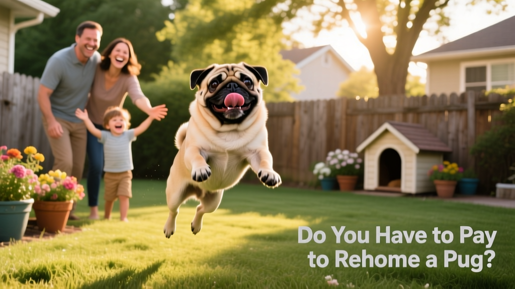 A joyful Pug playing in a sunlit backyard with its new family