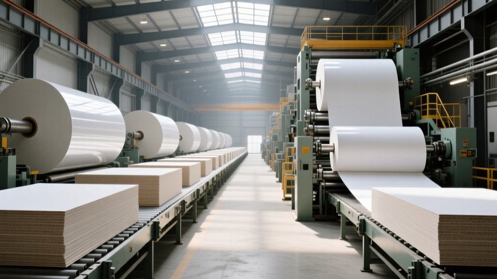 Industrial gypsum board manufacturing plant interior with massive rolls of paper and stacked drywall sheets on automated conveyor belts
