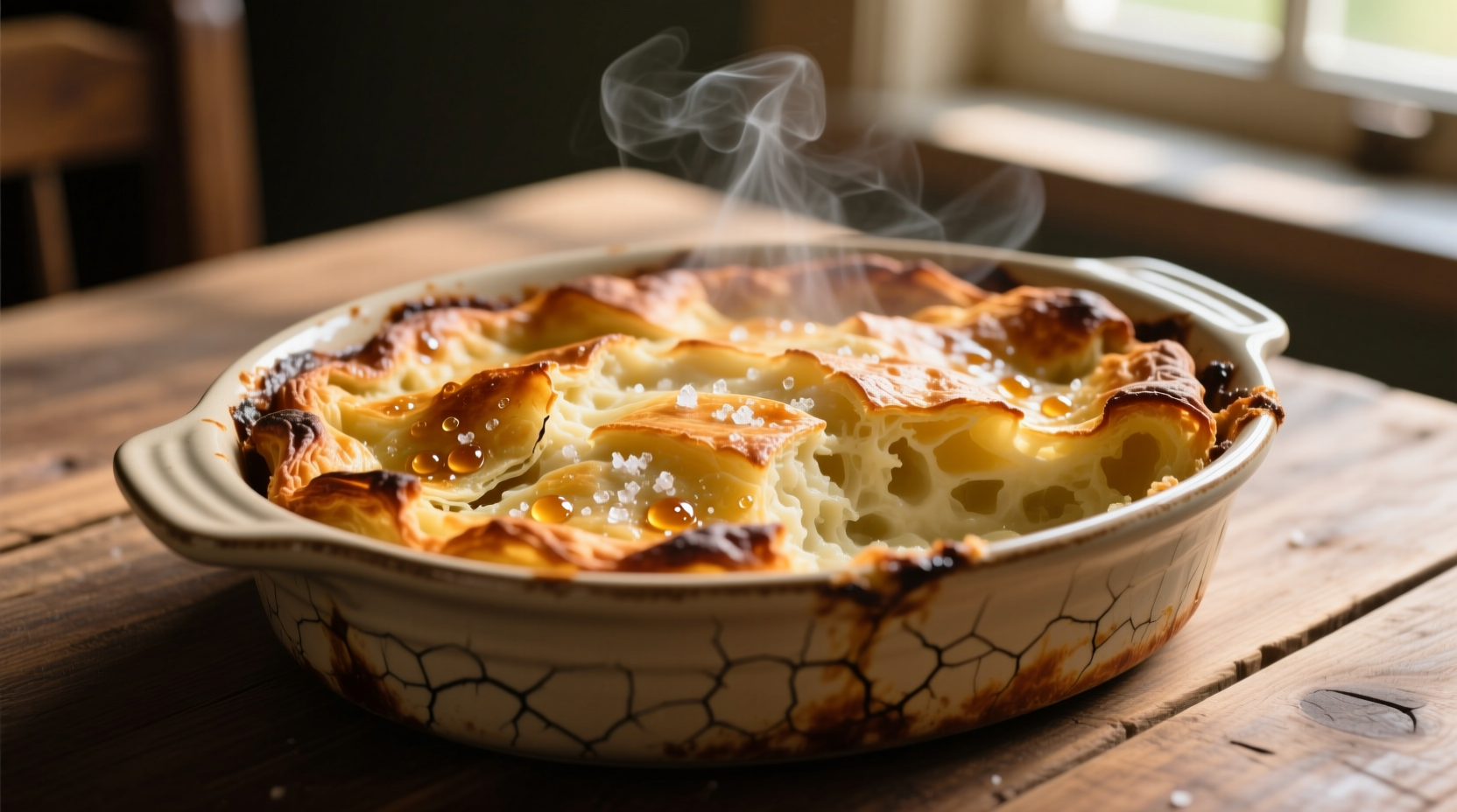 Traditional potato kugel baking dish with golden crust