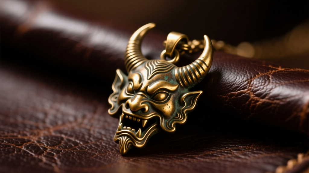 Weathered bronze horned demon amulet pendant resting on dark leather, illuminated by warm directional studio lighting.