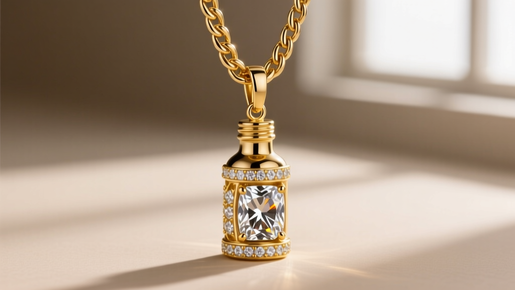 Close-up of a gold-plated nitrous oxide bottle pendant with VVS moissanite stones resting on a thick Cuban link chain.