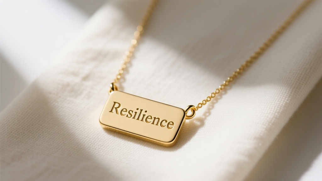 Flat lay of a gold vermeil definition necklace on linen fabric, featuring the word Resilience engraved in a classic serif font