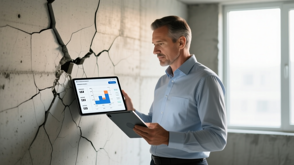 Structural engineer holding a digital tablet showing foundation repair cost estimates while inspecting a cracked concrete basement wall