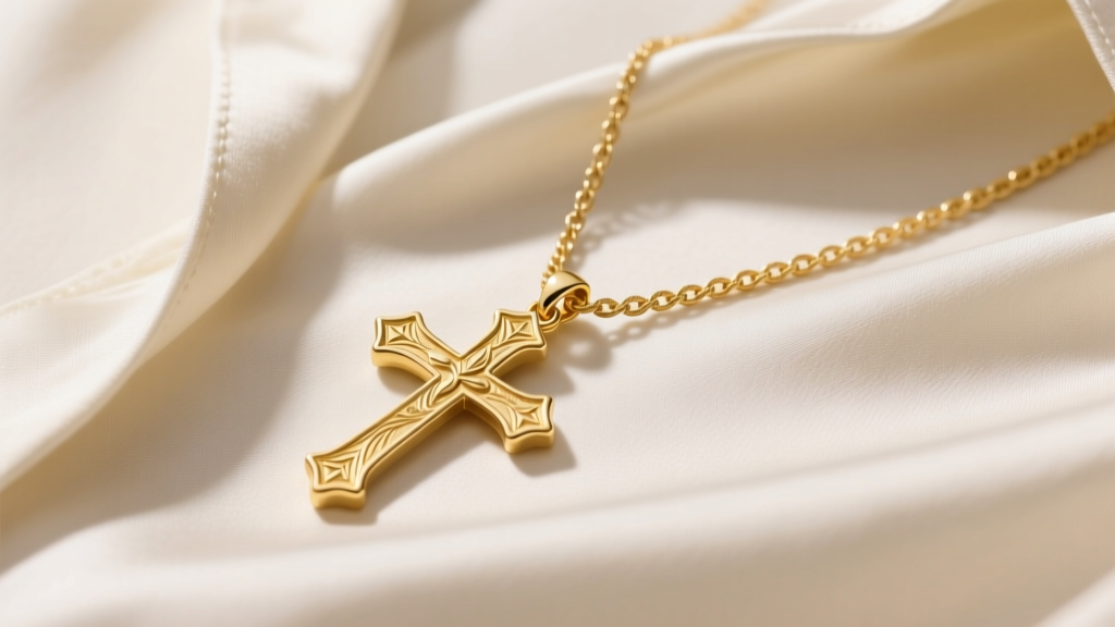 A 14k yellow gold sideways cross pendant on a 16-inch cable chain resting on a cream silk blouse under soft, diffused studio light