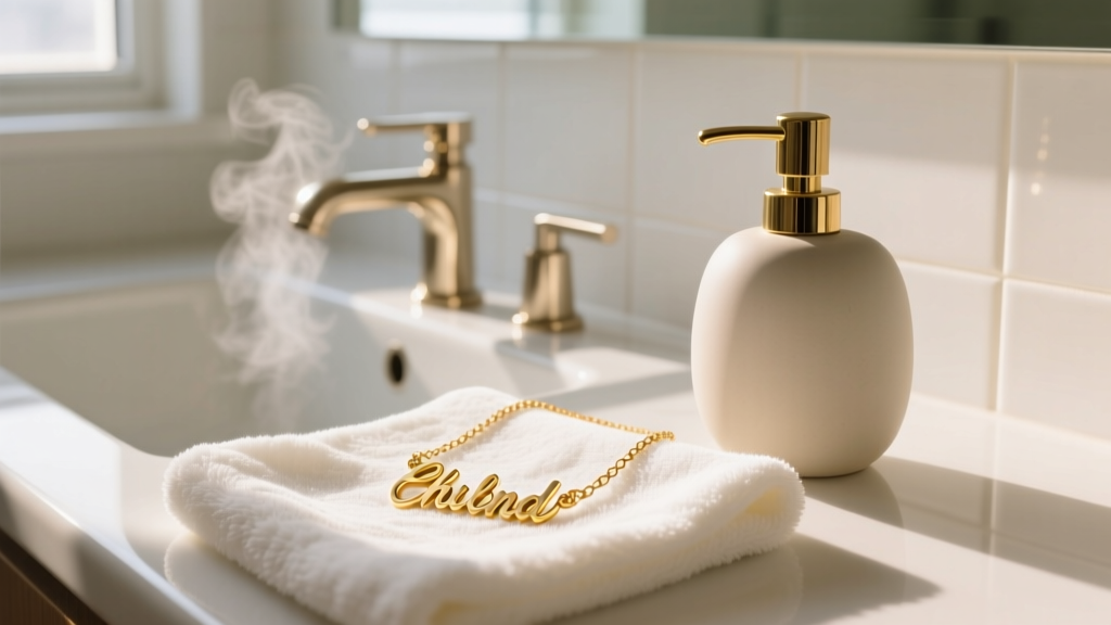 Gold-plated kid name necklace resting on a microfiber cloth next to a gentle soap dispenser in bright, warm bathroom sunlight